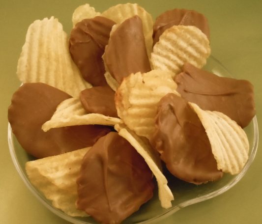 bowl of chocolate dipped potato chips