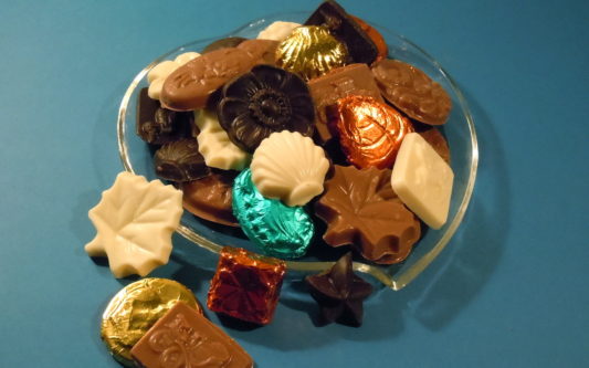 Assorted shapes of bite sized gourmet chocolates