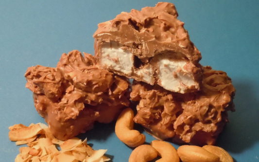a block of chocolate, with marshmallow, cashews, & toasted coconut
