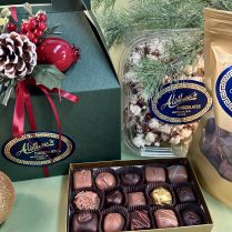 Festive Holiday handle box filled withArtisan chocolate confections