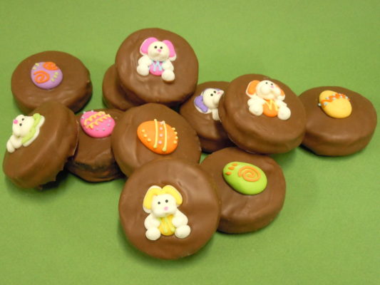 Oreo Cookies drenched in chocolate & decorated for Easter