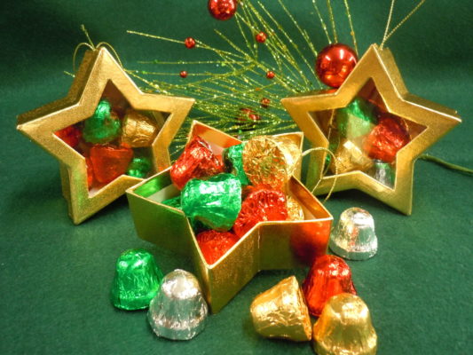 Charming gold Star Boxes filled with gourmet Chocolate bells