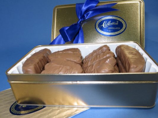 Decorated Gold tin filled with gourmet Chocolate butter cookies