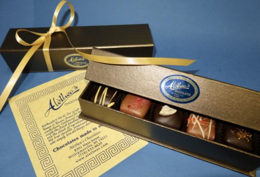 bronze tone box of gourmet chocolate truffles