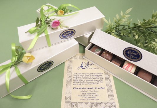 ribbon and tulips adorn an Artisan Truffle Box