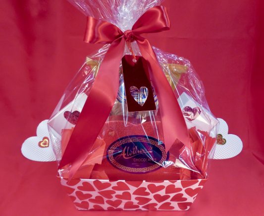 Beautiful Valentine Basket filled with artisan Chocolate confections