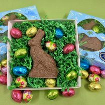 Easter box with chocolate rabbit and Easter eggs
