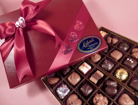 Satin and sparkle Valentine gift box of artisan chocolates