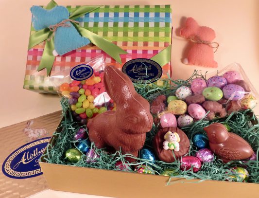 Beautifully decorated Easter basket Box full of premium Chocolate confections