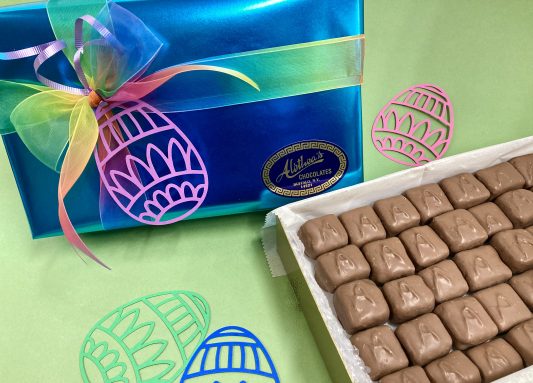 Big gift box of artisan Sponge Candy decorated for Easter