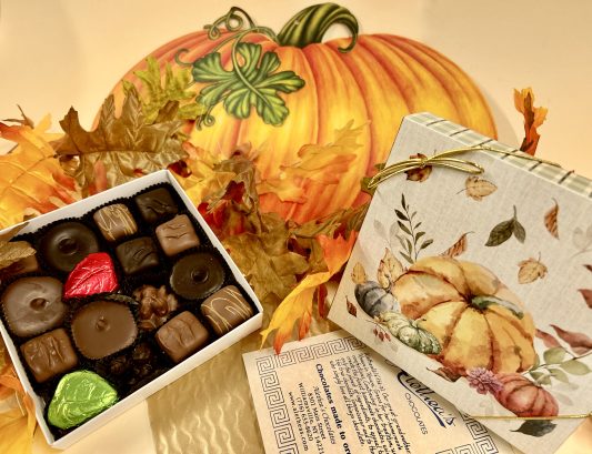 Fall decorated box of artisan Peanut Butter chocolates