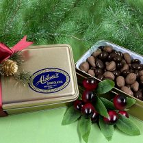 Gold satin Holiday gift tin with cherries and almonds