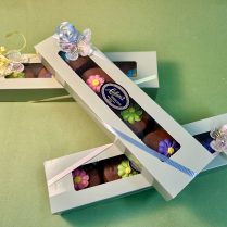 Spring decorated slider box holding Chocolate dipped Oreo cookies
