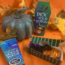 coffin shaped box filled with spooky Halloween chocolates