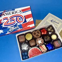 patriotic box celebrating America's 250th birthday, filled with fabulous chocolate confections